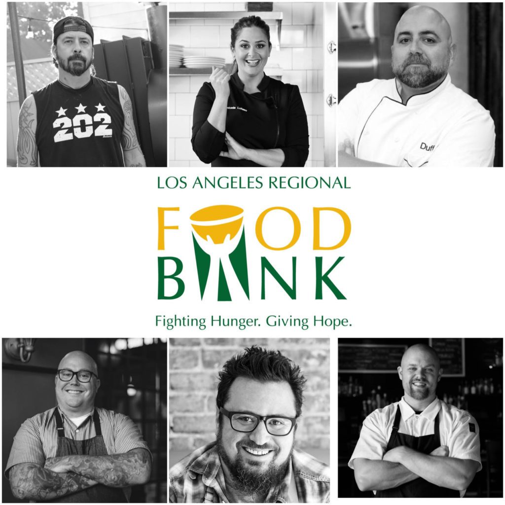 A black and white collage of five chefs surrounds the Los Angeles Regional Food Bank logo, each portrait capturing their professional yet approachable expressions. Below, the text proudly declares: "Fighting Hunger. Giving Hope.