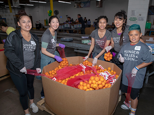 Volunteers sort oranges at