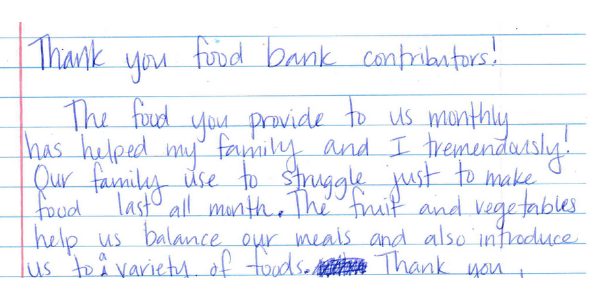 Note from a mother whose child receives food from the Food Bank.