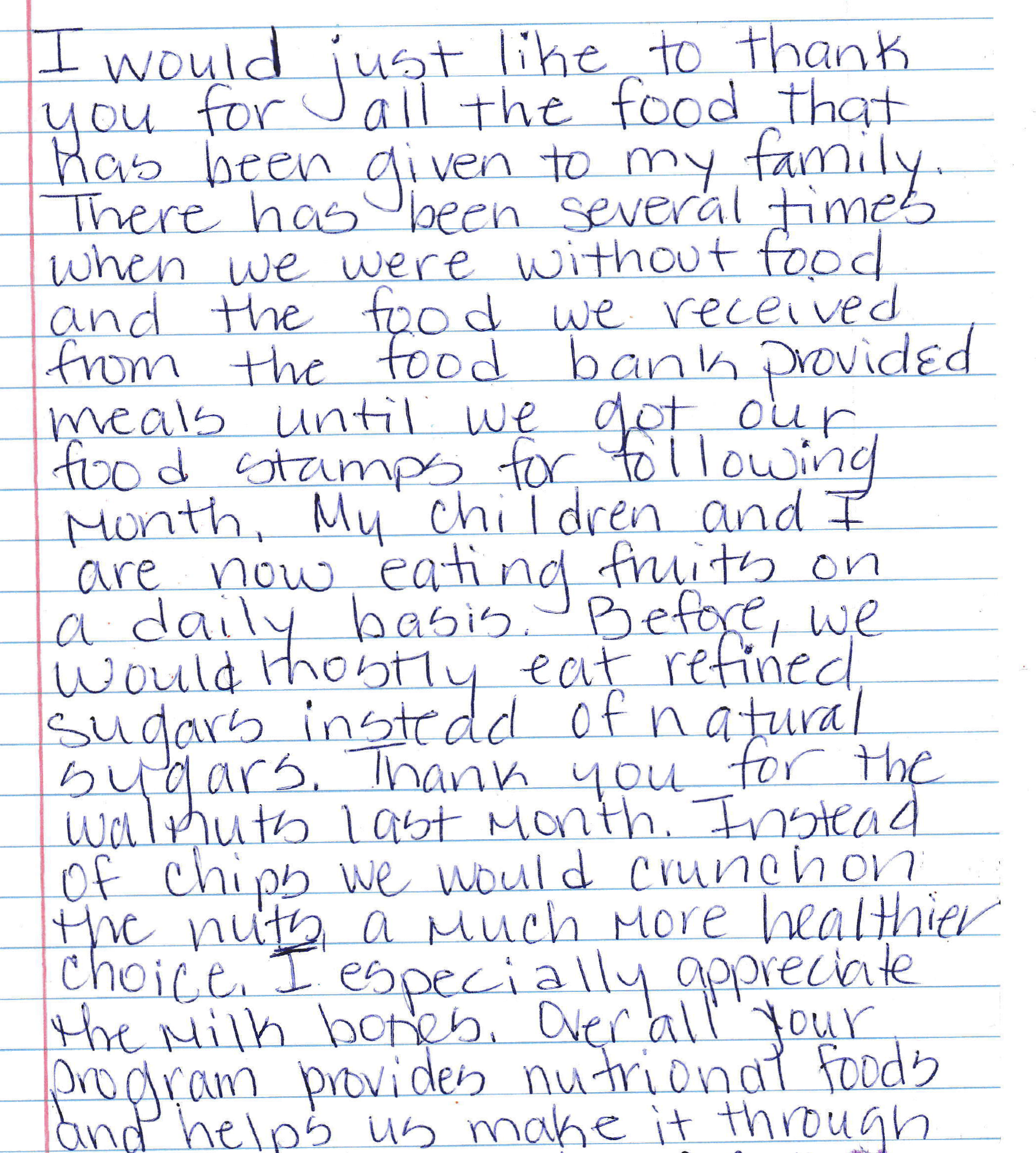 A note from a mother whose child receives food from the Food Bank.