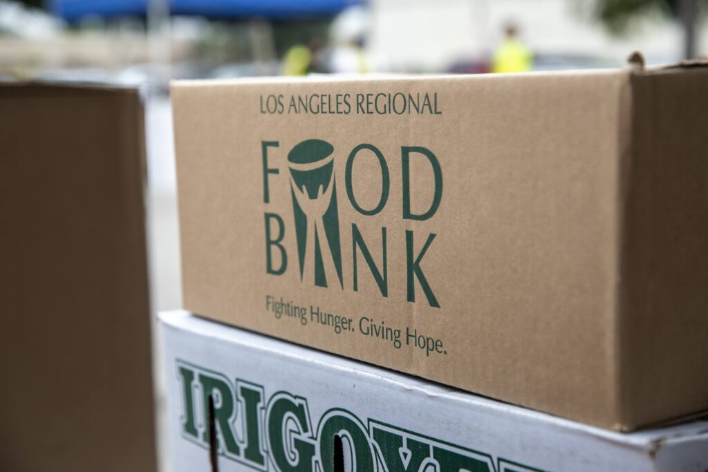 A close up shot of an emergency food kit at a free food distribution for those in need at an event hosted by the Los Angeles Regional Food Bank.