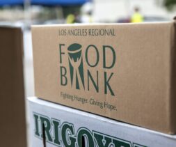 A close up shot of an emergency food kit at a free food distribution for those in need at an event hosted by the Los Angeles Regional Food Bank.