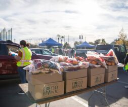 Food kits and fresh produce are stacked for distribution at a drive-through food giveaway hosted by the LA Regional Food Bank at Citrus College, CA.
