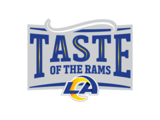 Logo featuring the text "Taste of the Rams" in bold blue and yellow letters on a gray background. Below, the "LA" Rams logo displays a stylized letter "A" resembling a ram's horn, symbolizing support for the Los Angeles Regional Food Bank.