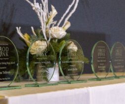 A row of green glass awards on a table, each inscribed with 
