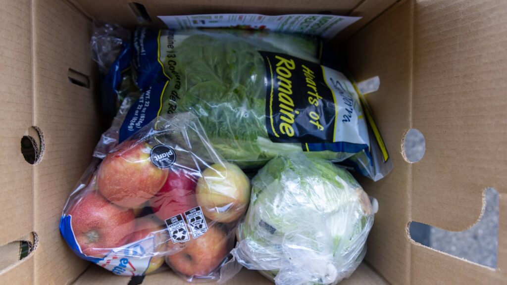 A cardboard box from the food bank contains a bag of apples, a bag of green lettuce labeled 