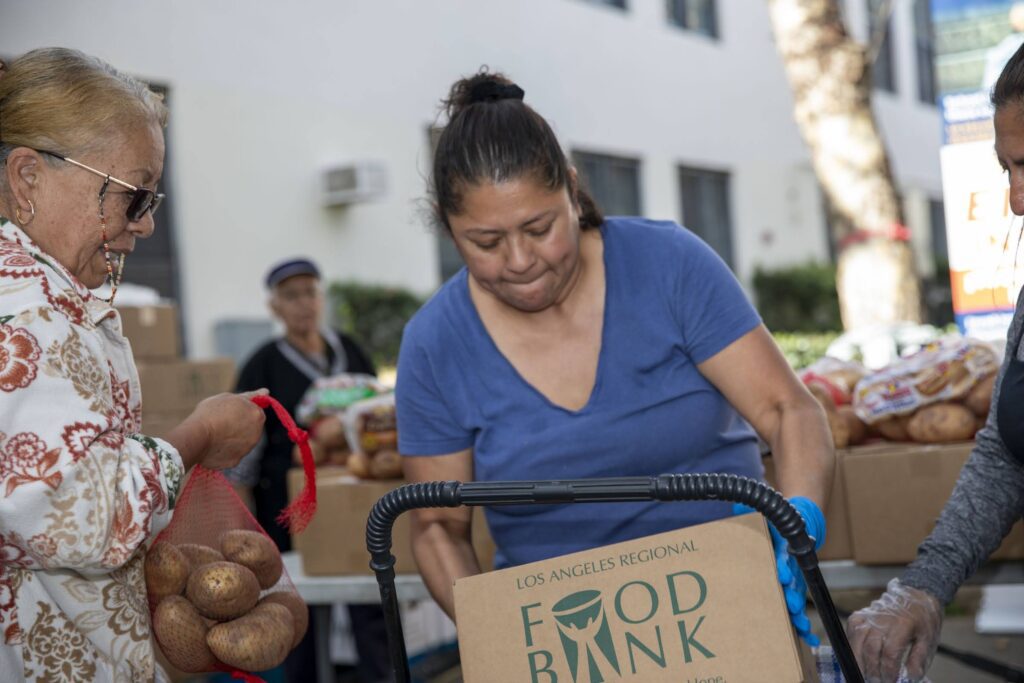 A woman places a box labeled 
