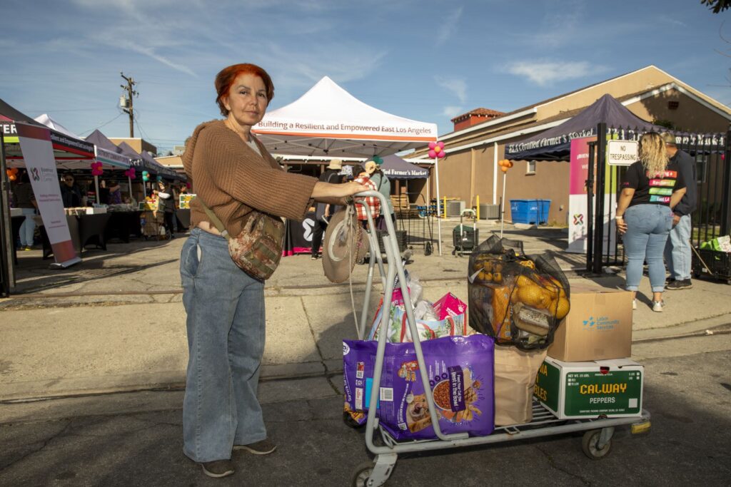 A woman with red hair stands outdoors holding a shopping cart filled with groceries, including oranges, cat food, and produce, at a street market where food distribution takes place amid tents and bustling vendors.