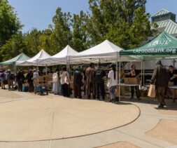 People line up under white and green tents at a mobile food pantry distribution event on a sunny day, with volunteers handing out food and supplies. Trees and a building are visible in the background.