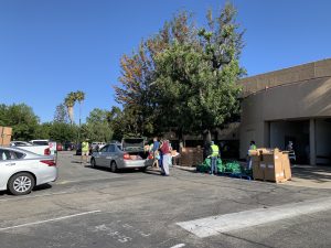 Drive-through distribution at LA Regional Food Bank Partner Agency site of First Church of the Nazarene in Pasadena, CA.