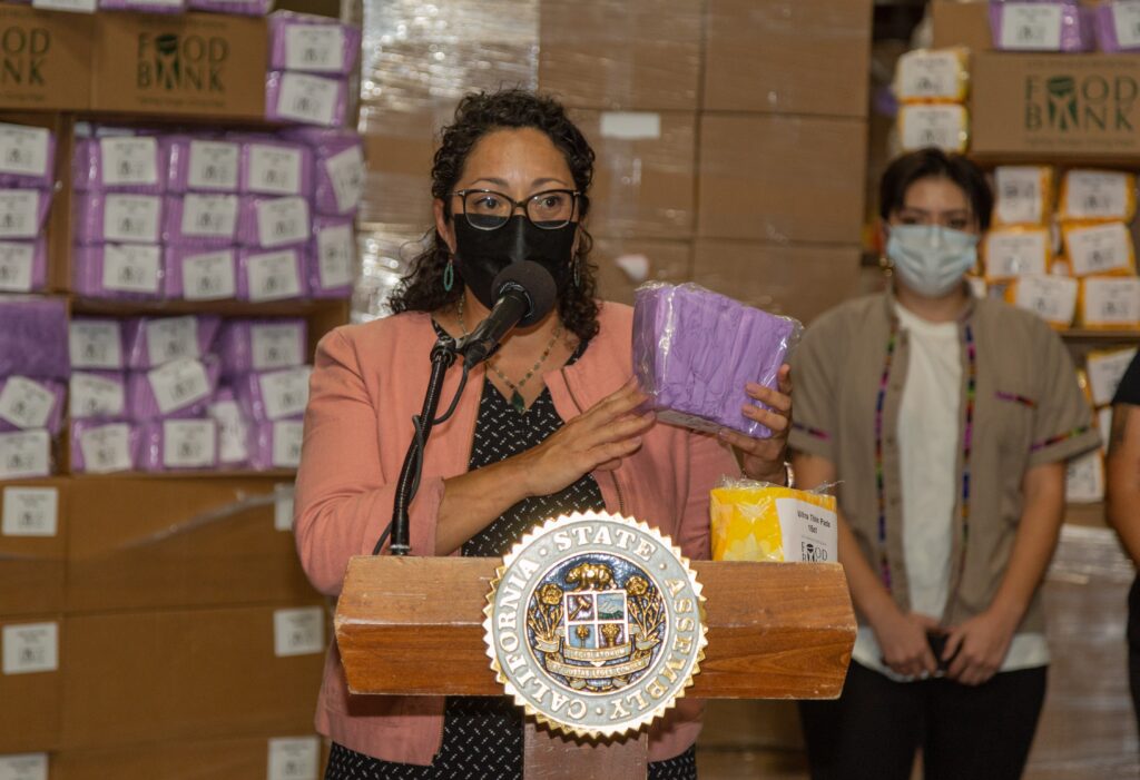 Assemblymember Christina Garcia advocating for menstrual hygiene products at the LA Regional Food Bank