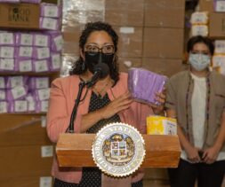 Assemblymember Christina Garcia advocating for menstrual hygiene products at the LA Regional Food Bank