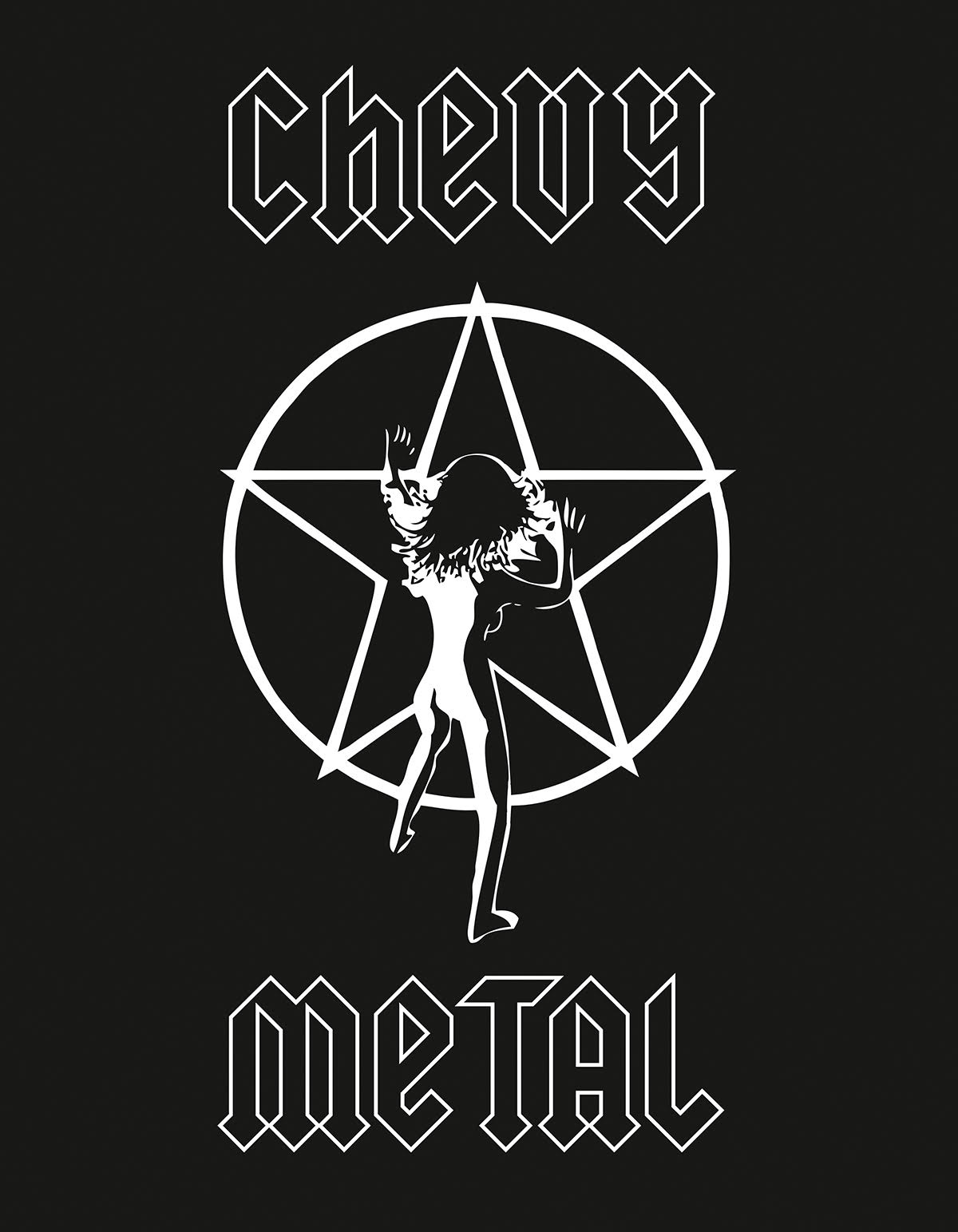 A logo features a stylized silhouette of a dancing figure set against a large pentagram on a black background. Above and below, "Chevy Metal" is boldly displayed in an angular font, capturing the edgy vibe reminiscent of Los Angeles Regional Food Bank's dynamic community spirit.