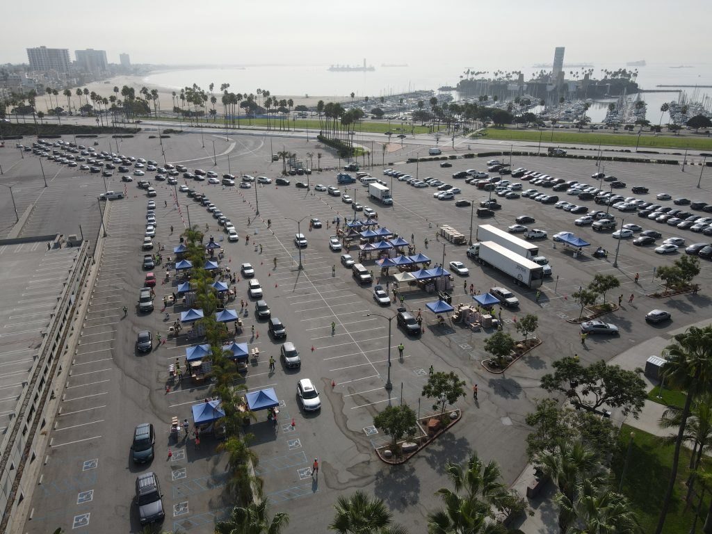 An aerial shot of a drive-through food distribution in Long Beach, CA.