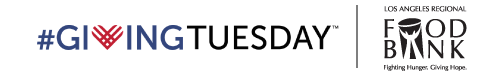 Logo featuring the hashtag #GivingTuesday with "Giving" in blue and "Tuesday" in black, a red heart cleverly replacing the "V." Alongside is the Los Angeles Regional Food Bank logo, showcasing a stylized food basket and their inspiring slogan, "Fighting Hunger. Giving Hope.