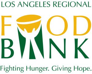 The Los Angeles Regional Food Bank logo features "Food Bank" in bold green letters, with a yellow bowl artfully incorporated into the "O". Above, the text is green, and below, it proudly states, "Fighting Hunger. Giving Hope.