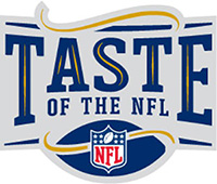 Logo with the text "Taste of the NFL" in large letters, featuring an oval design that incorporates the NFL shield at the bottom. Blue, yellow, and white colors dominate this vibrant graphic, supporting causes like the Los Angeles Regional Food Bank.