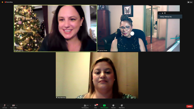 A virtual meeting with three women on screen. One is smiling in front of a decorated Christmas tree, another, supporting the Los Angeles Regional Food Bank, is seated at a desk with a bookshelf behind her, and the third appears in a patterned top with a plain background.