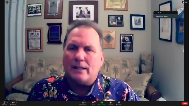 Wearing a Hawaiian shirt, Scott Newton is on a Zoom call in his award-adorned room. The video interface reveals not just his name but also a subtle nod to his latest philanthropic endeavor with the Los Angeles Regional Food Bank.