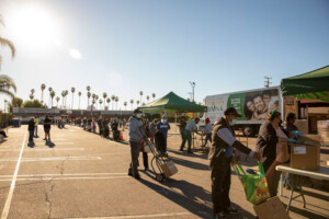 A line forms for walk up distribution at St Ferdinand