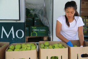 Young woman volunteering at the Mobile Food Pantry.