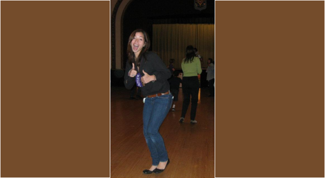 Rachel volunteering at Dance Out Diabetes, an organization dedicated to preventing and helping manage diabetes by providing access to care, education, and exercise through dance. She helped with checking in guests at registration, guiding guests to complimentary glucose checks by clinicians, and also encouraging guests to get out on the dance floor! A volunteer at Dance Out Diabetes on the dance floor encouraging others to dance for the cause.