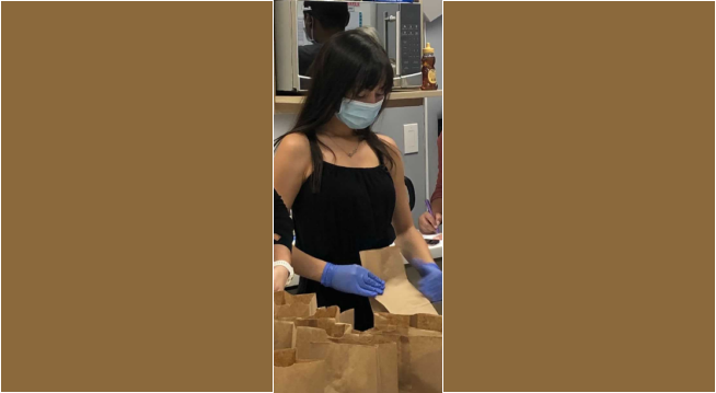 Rachel and her coworkers recently helped to assemble sack lunches for our neighbors in need currently experiencing homelessness. This event was organized by Rachel's company leadership via UPLIFT LA and Midnight Mission. A medical frontline worker assembling lunches for those facing home insecurity in Los Angeles.