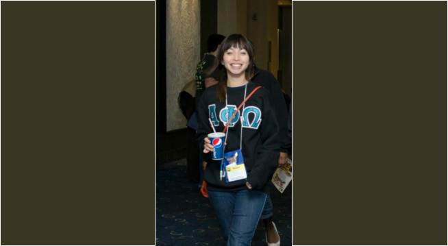 Rocking her letters at an Alpha Phi Omega event! Alpha Phi Omega (APO) is a national service organization dedicated to the principles of leadership, friendship and service! It’s through APO that Rachel truly honed in on her niche and joy for creating community through service. A member of Alpha Phi Omega at an event.
