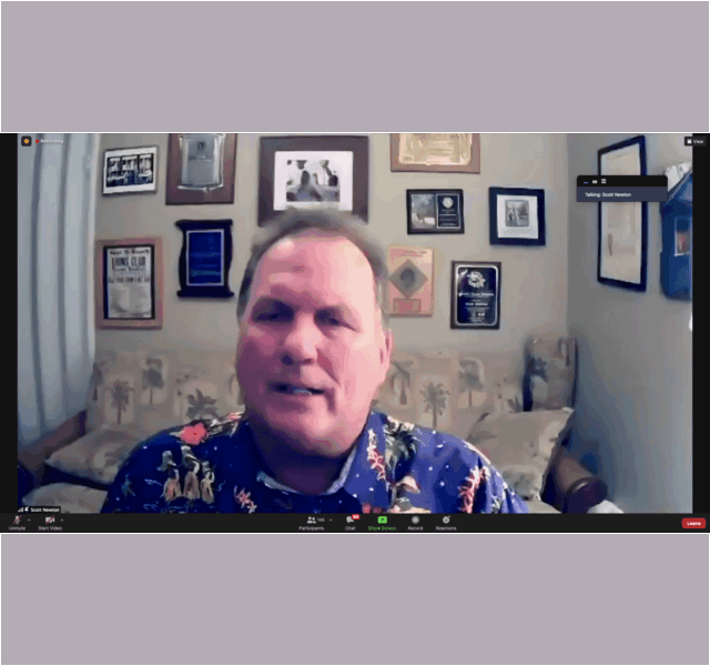 Wearing a Hawaiian shirt, Scott Newton is on a Zoom call in his award-adorned room. The video interface reveals not just his name but also a subtle nod to his latest philanthropic endeavor with the Los Angeles Regional Food Bank.