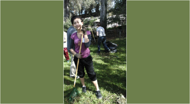 The San Francisco Zoo often invites the community to help Renew the Zoo, where Rachel and others come together and help beautify or spruce up the landscape. A volunteer holding a rake at a volunteer event at the San Francisco Zoo to help beautify the space.