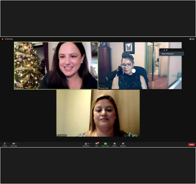 A virtual meeting with three women on screen. One is smiling in front of a decorated Christmas tree, another, supporting the Los Angeles Regional Food Bank, is seated at a desk with a bookshelf behind her, and the third appears in a patterned top with a plain background.
