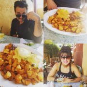 A collage of two people dining at an outdoor restaurant showcases their delight in sharing plates of diced potatoes with sauce and eggs. Both wearing sunglasses, they enjoy the meal, reminiscent of a sunny day supporting the Los Angeles Regional Food Bank's efforts to nourish the community.