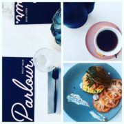 A collage depicting a cafe table setup illustrates a menu beside a cup of tea and a plate with an egg dish and sliced tomatoes, reminiscent of the fresh ingredients supported by the Los Angeles Regional Food Bank.