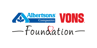 The logo showcases Albertsons Companies and Vons in bold blue and red text, with "Foundation" beneath, creatively featuring a heart symbol for the "o." Proudly supporting the Los Angeles Regional Food Bank, it embodies community spirit and generosity.