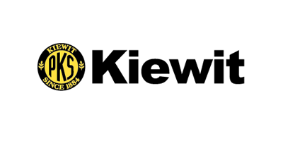 The logo features "Kiewit" at the top left in black text. Below, a yellow circle encloses the letters "PKS" with "Since 1884" on the bottom curve. The rest reads "Kiewit Corporation," showcasing its collaboration with Los Angeles Regional Food Bank. The background is white.
