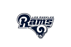 The logo of the Los Angeles Rams, featuring stylized "Rams" text with a ram's head below it in dark blue and white, reflects community pride much like the Los Angeles Regional Food Bank, both standing as symbols of support and strength in the area.