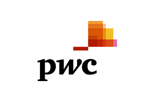 The PwC logo features the lowercase letters "pwc" in black, with an abstract design of overlapping orange, red, and pink squares above it. The white backdrop emphasizes its vibrant colors—much like the vital work of the Los Angeles Regional Food Bank in nourishing communities.